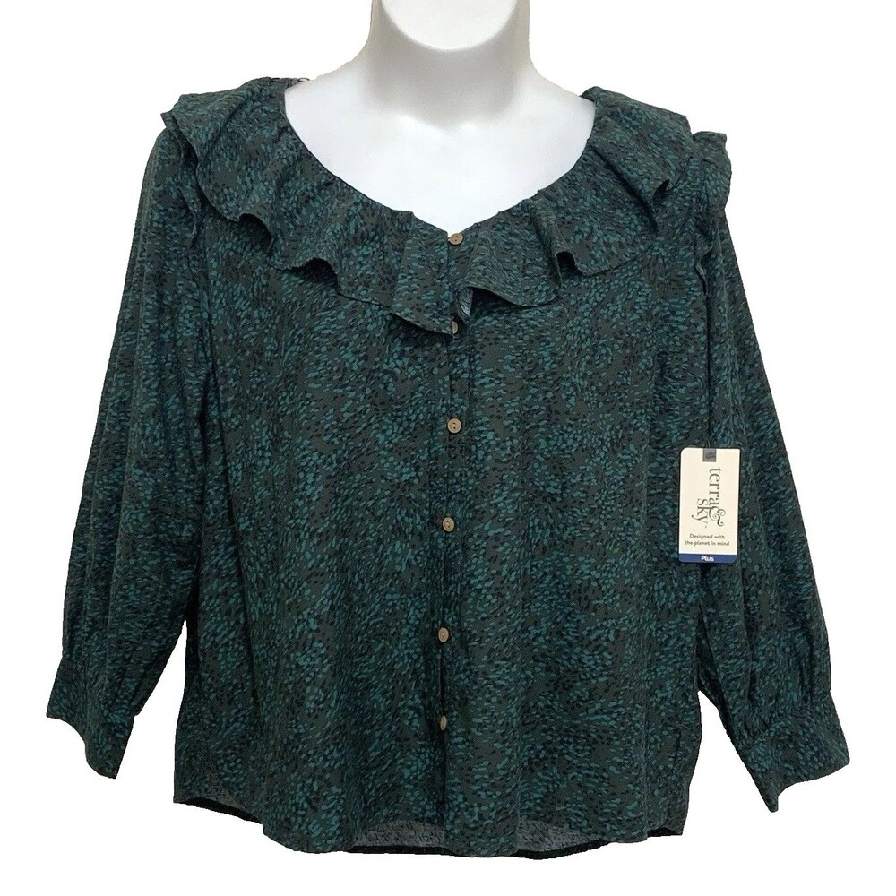 Terra & Sky Blouse Womens Size 1X Green Ruffled Button-Up Long Sleeve